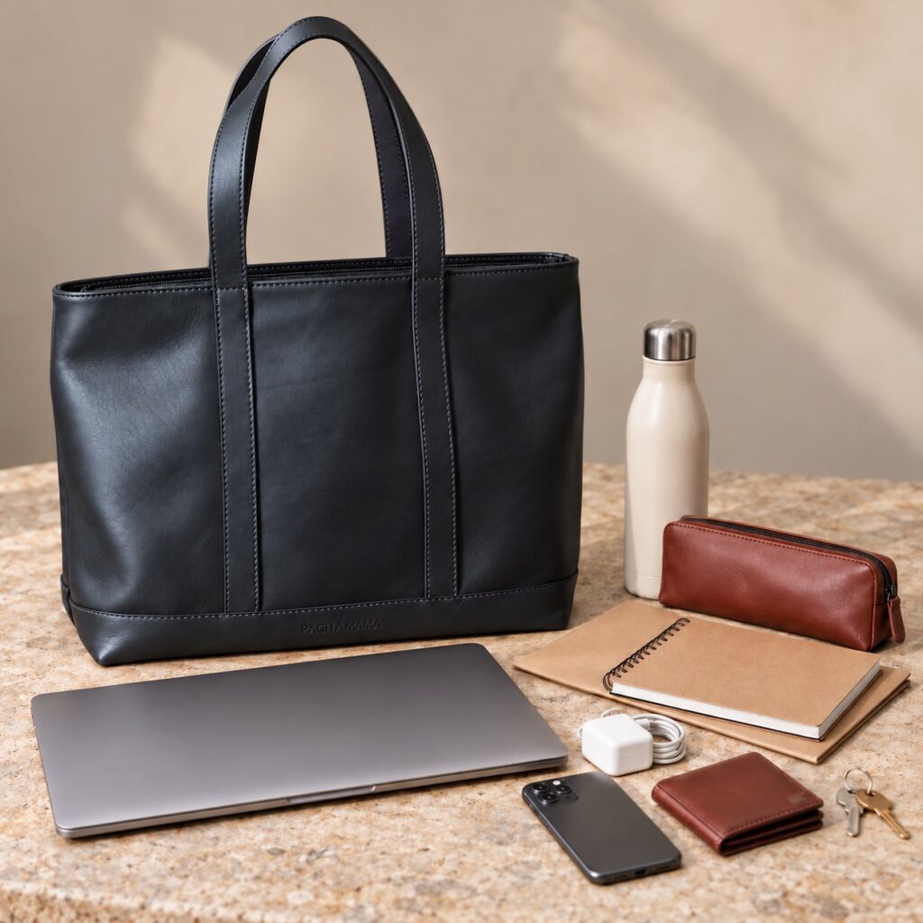 sac cabas cuir noir contenance