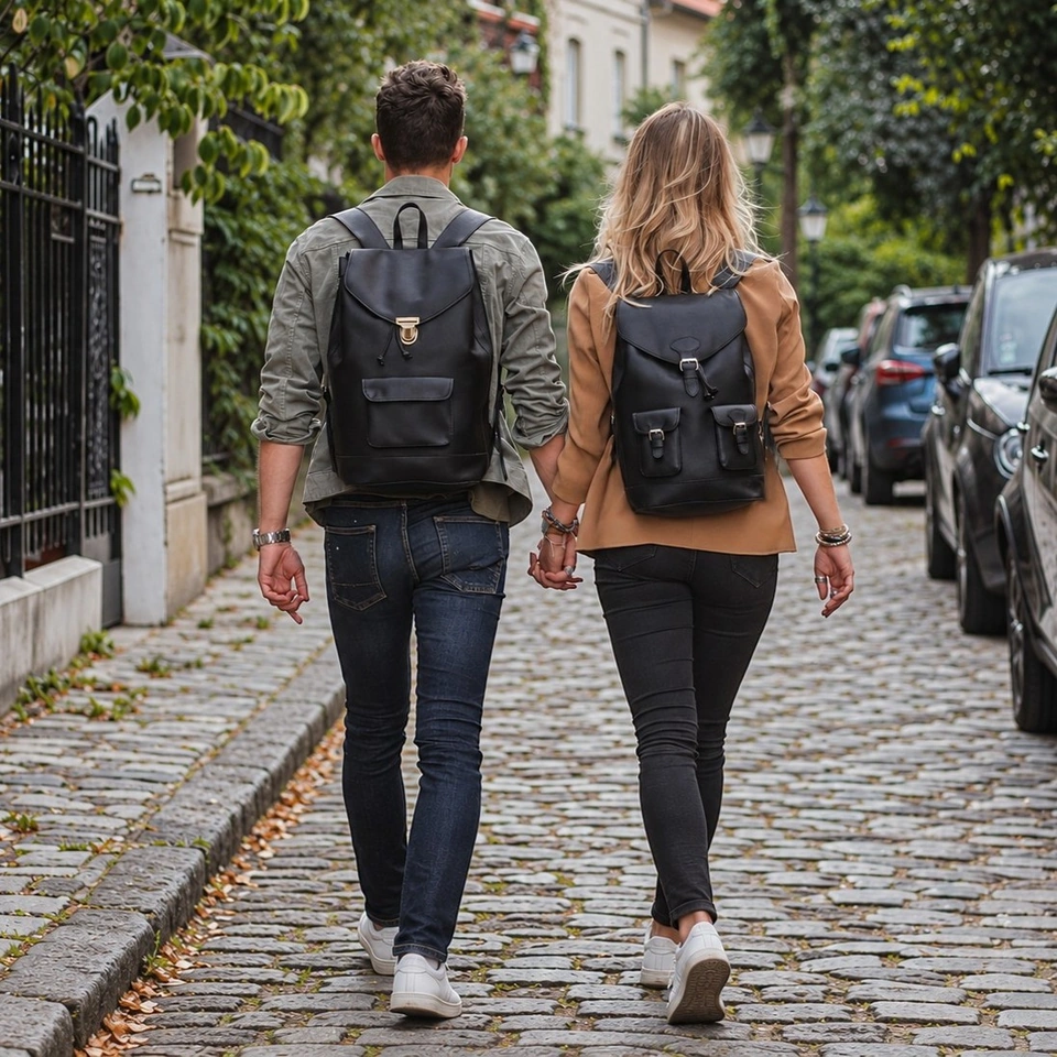 Deux personnes portant des sacs en cuir noir PACHAMAMA