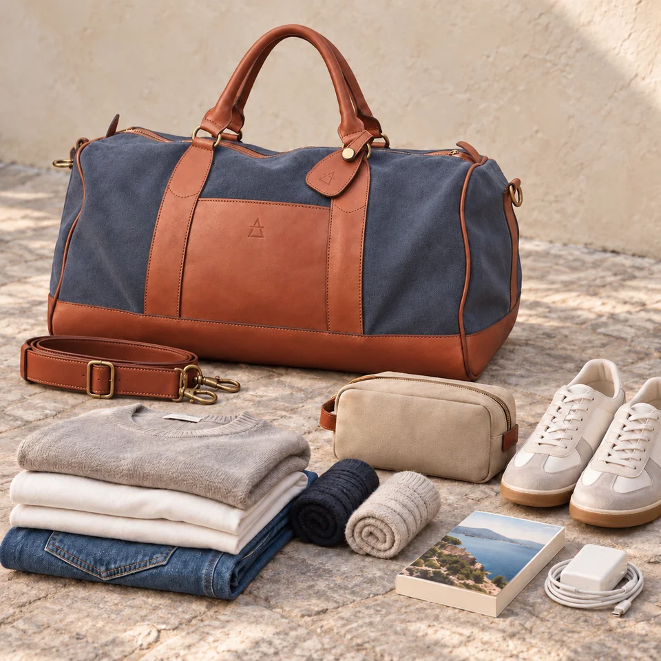 DIEGO Anthracite et essentiels pour un week-end : vêtements, chaussures, trousse de toilette, livre et chargeur