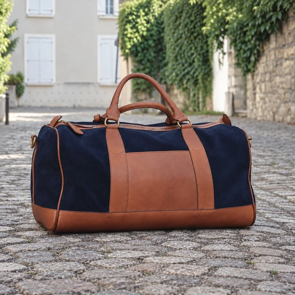 DIEGO Bleu Nuit vu de dos : cuir velours bleu nuit et cuir lisse marron