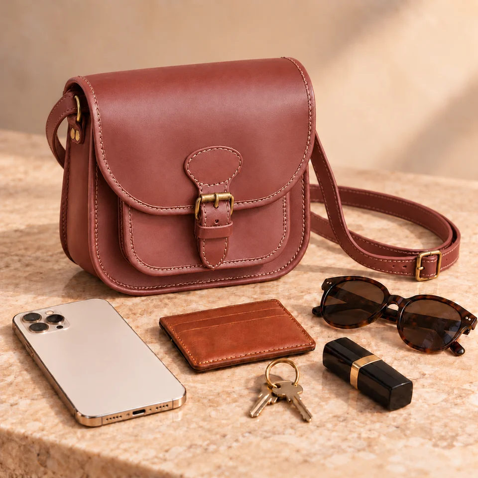 MAE Cuir marron avec téléphone, porte-cartes, clés, lunettes pliées et rouge à lèvres