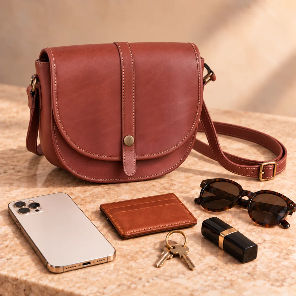 ALBA Cuir marron avec téléphone, porte-cartes, clés, lunettes pliées et rouge à lèvres
