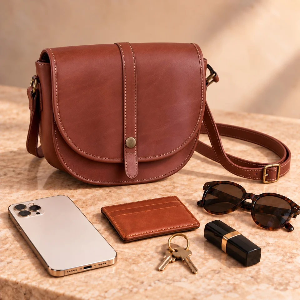 ALBA Cuir marron avec téléphone, porte-cartes, clés, lunettes pliées et rouge à lèvres