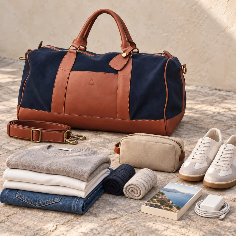 DIEGO Bleu Nuit et idée de contenu pour le week-end : vêtements, chaussures, trousse de toilette, livre et chargeur