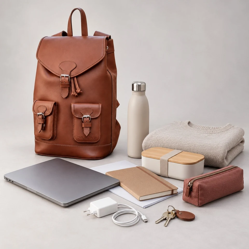 GABI Cuir avec ordinateur, chargeur, dossier, carnet, trousse, clés, pull, gourde et bento