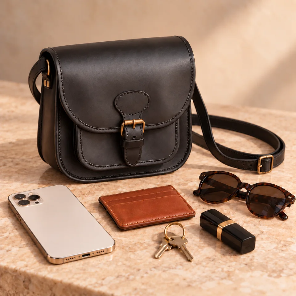 MAE Cuir Noir avec ses essentiels, sangle corrigée et proportions conservées