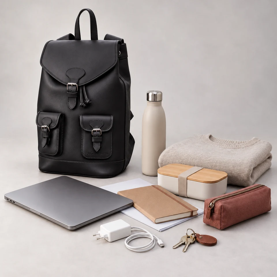 GABI Cuir Noir avec ordinateur, chargeur, dossier, carnet, trousse, clés, pull, gourde et bento