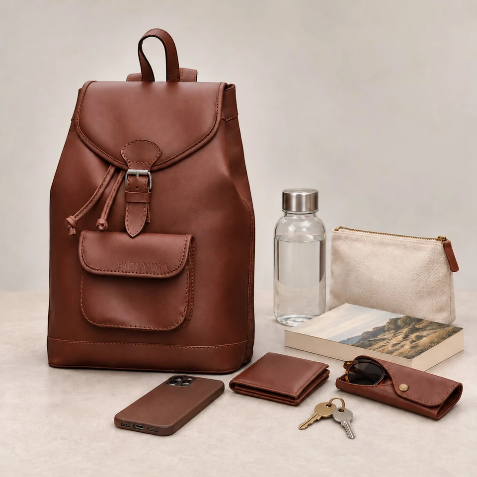 LOU Cuir marron avec téléphone, portefeuille, clés, lunettes, petite trousse, livre et petite gourde