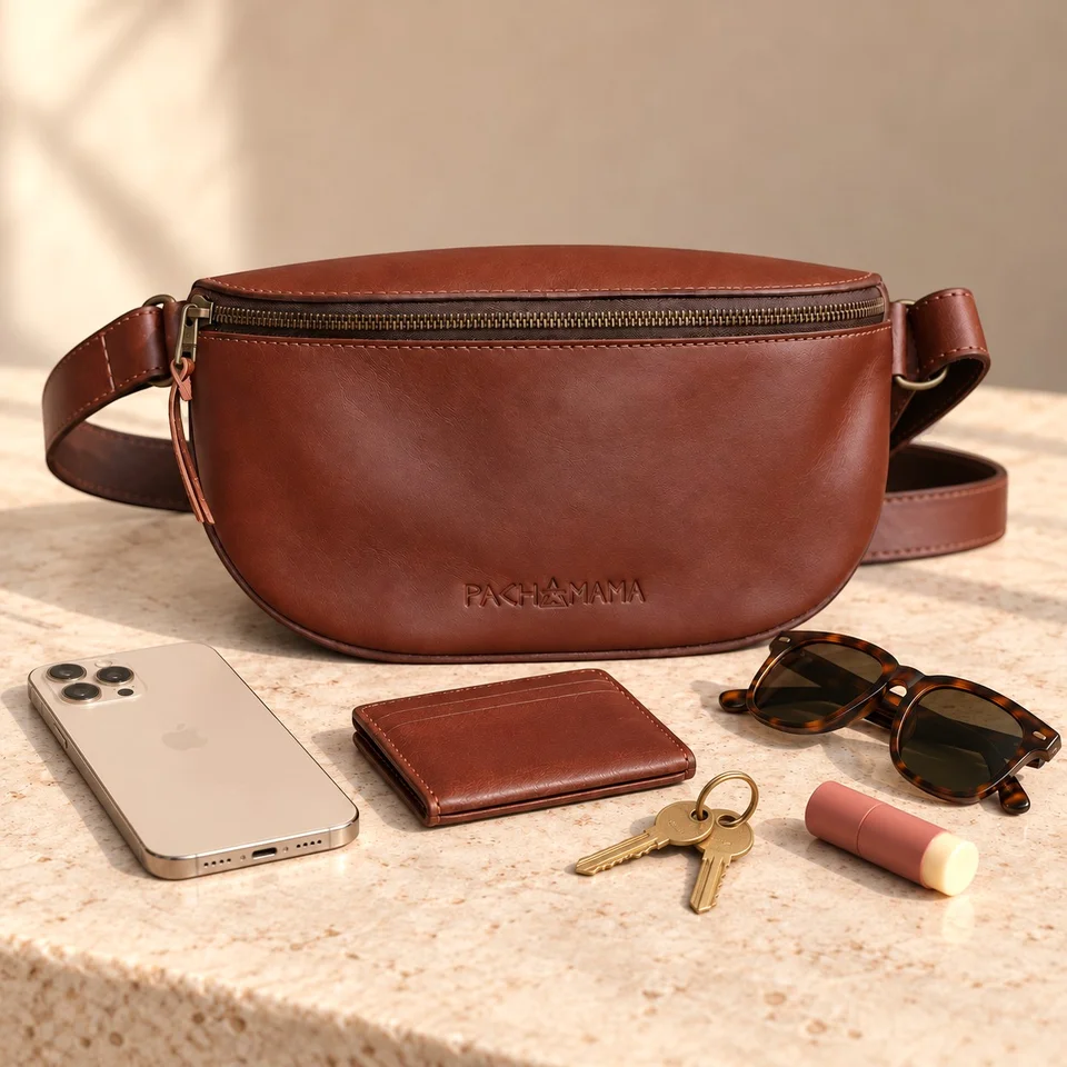 Banane Cuir V2 avec téléphone, petit portefeuille, clés, lunettes et baume à lèvres
