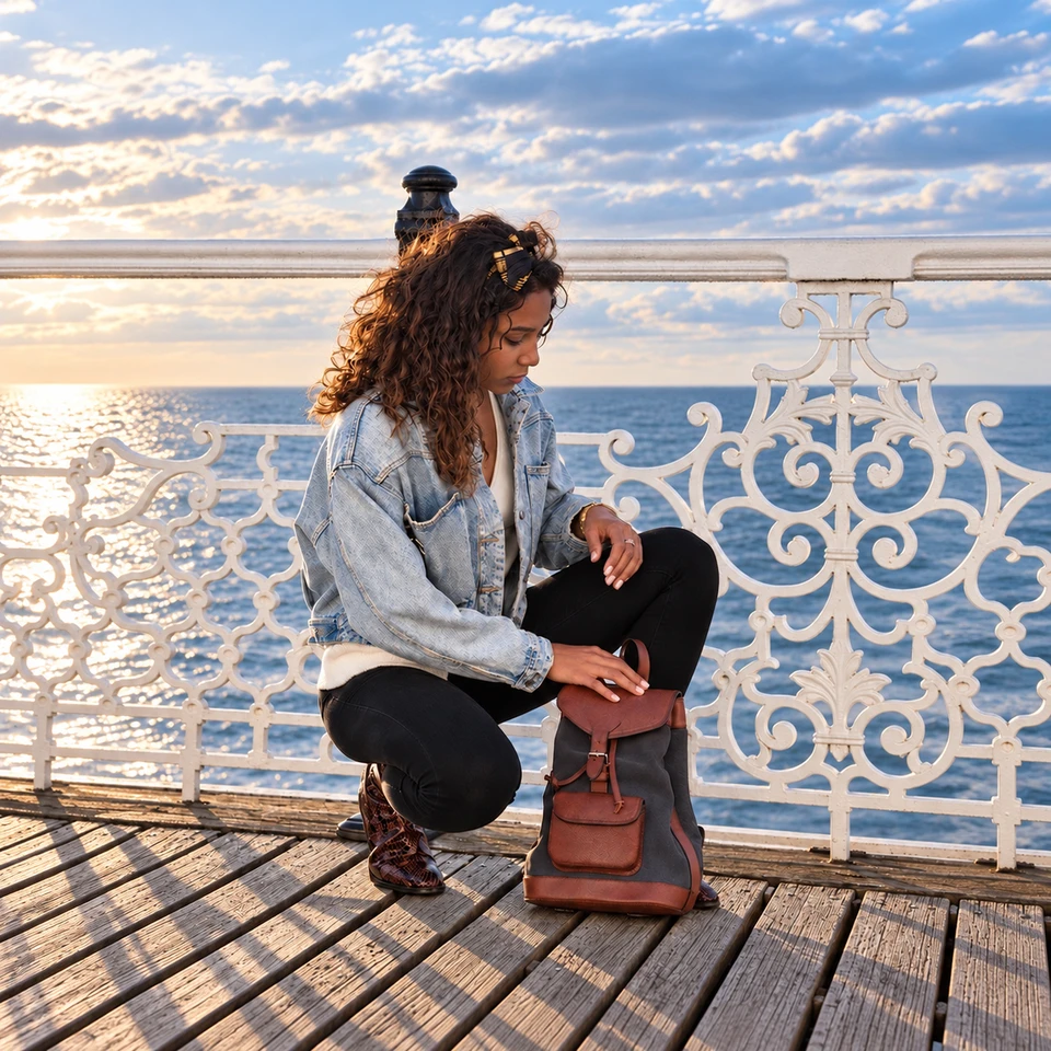 LOU Anthracite avec une femme en bord de mer