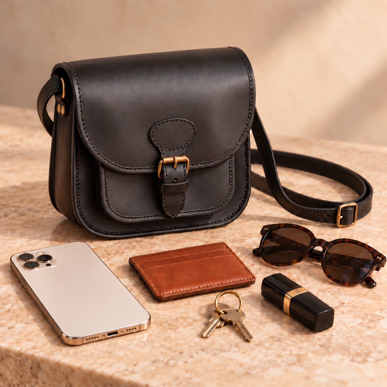 MAE Cuir Noir avec ses essentiels, sangle corrigée et proportions conservées MAE Cuir Noir avec ses essentiels, sangle corrigée et proportions conservées