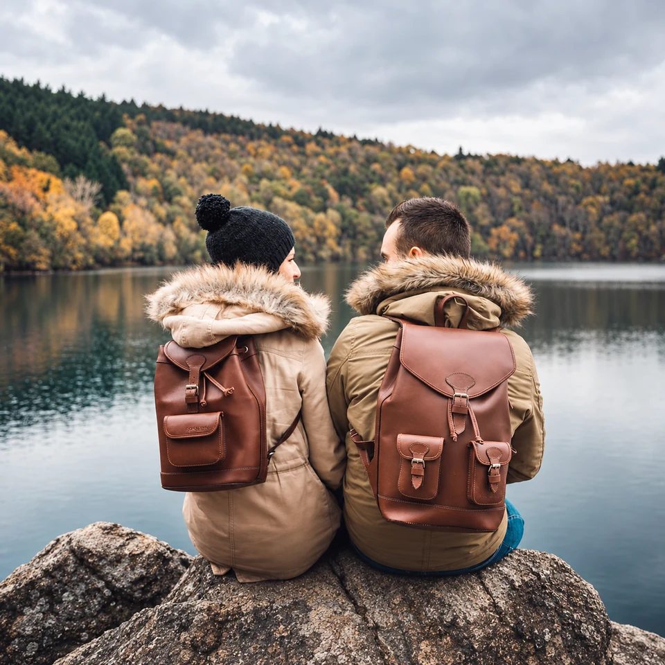 Deux personnes de dos avec leurs sacs en cuir PACHAMAMA, assises au bord d’un lac en forêt