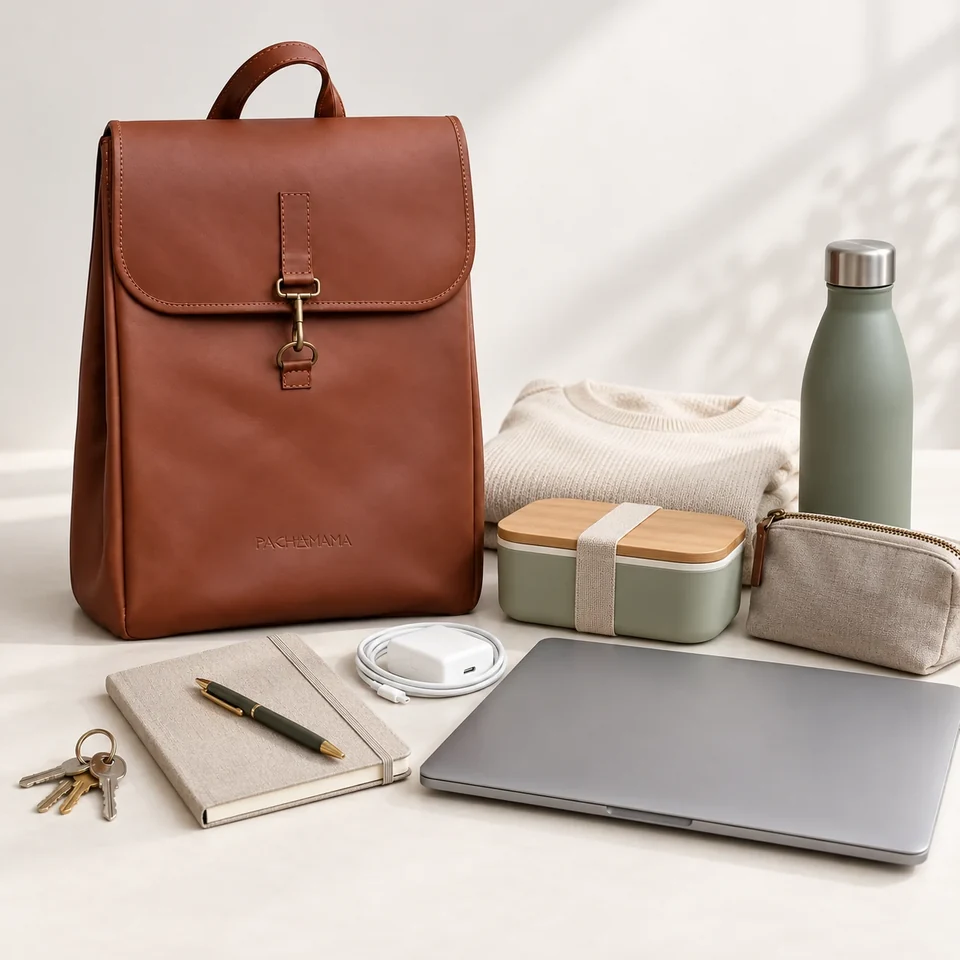 Sac LEO avec ordinateur, chargeur, clés, carnet, pull, bento, trousse et gourde